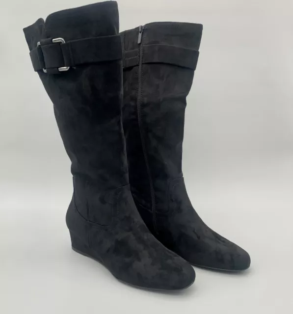 Tall Black Faux Suede Wide Calf Stretch Wedge  Heel Eco Boots Impo Genia 8.5 NIB