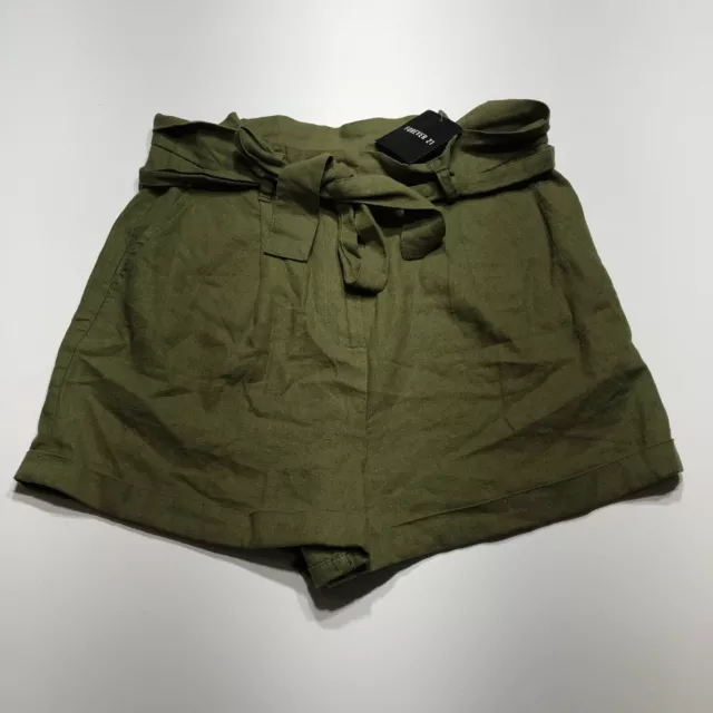 Forever 21 Shorts Womens Size M Olive Paperbag Waist Linen Blend Cuffed Pockets