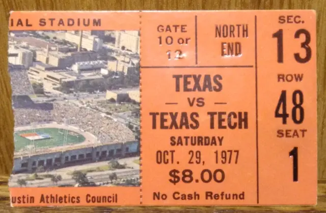 Texas Longhorns Football vs. Texas Tech Red Raiders 10-29-1977 Used Ticket Stub
