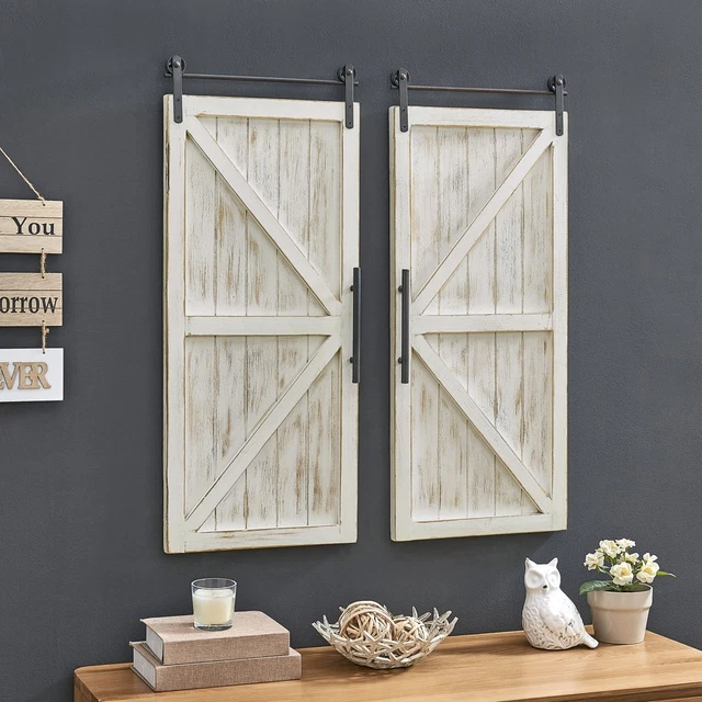 FirsTime & Co. White Carriage Barn Door Wall Plaque 2-Piece Set, Farmhouse, Fram