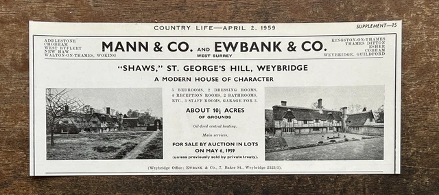 Shaws - St Georges Hill - Weybridge For Sale - 1959 Press Cutting r448