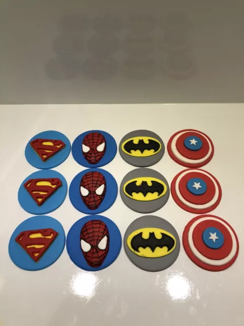 12x SUPERHERO CUPCAKE TOPPER FONDANT, ICING SUGAR EDIBLE BIRTHDAY PARTY CAKE