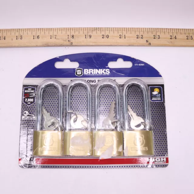 (4-Pk) Brinks Padlock Solid Brass with 2-1/2" Shackle 40mm 171-42401