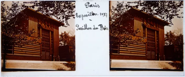 1937 Paris Universal Exhibition.Pavillon du Bois.Stereo view on glass 45x107mm