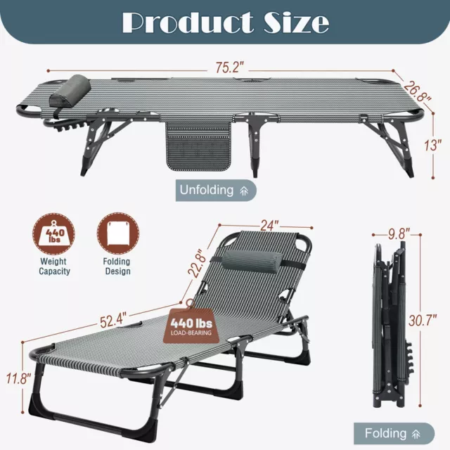 Folding Camping Cot 4 Position Adjustable Bed Chair For Youth Adult Travaling 2