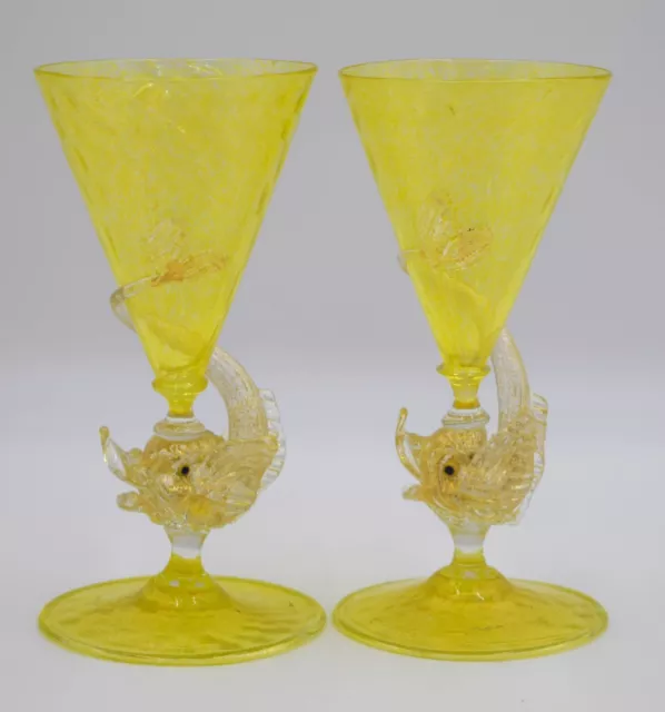 Fine Pair of Venetian Murano Hand Blown Dolphin Yellow Wine Glasses, Circa 1930