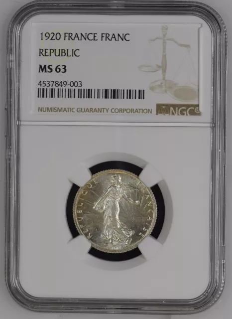 France Republic  1920  1 Franc Coin, Choice Uncirculated, Ngc Certified Ms63