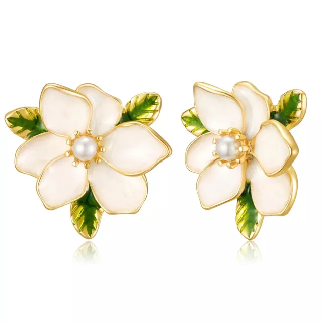 GINNI Trendy Flower Enamel Stud Earrings Vintage Pearl Statement Earring Jewelry