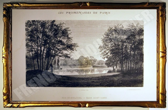 RARE ENGRAVING LA MARE SAINT-JAMES du BOIS de BOULOGNE PROMENADES DE PARIS 1882