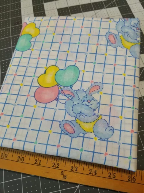 Vintage Novelty Juvenile Baby Blue Bunnies Balloons Hearts Grid Fabric 1+yards