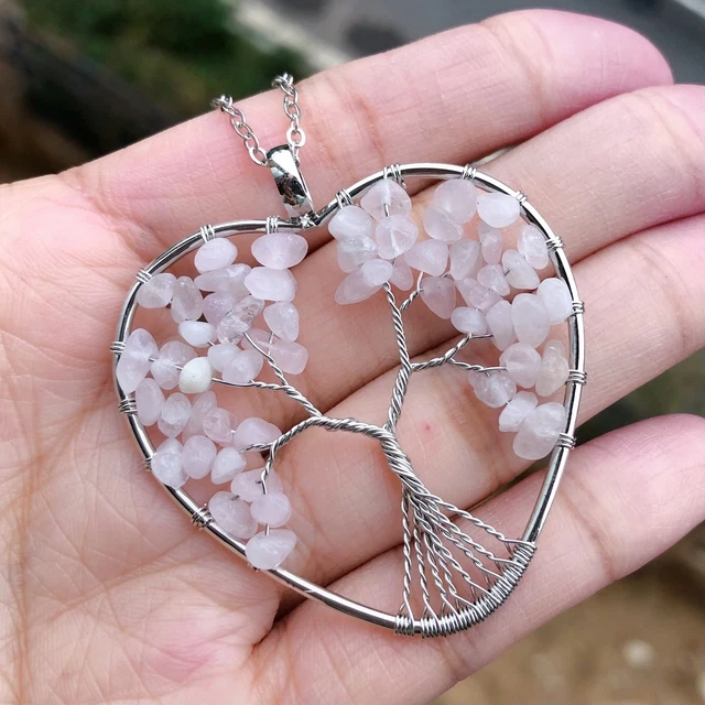Rose Quartz Stone Tree Of Life Pendant Necklace Chakra Reiki Healing Amulet