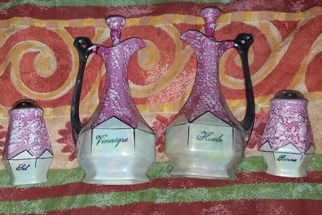 Terre de Fer ancien serviteur de table huile vinaigre en faience rose - Vendu