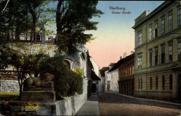 Ak Hartberg Steiermark, Blick in die Grazer Straße, Löwenstatue,... - 10148239