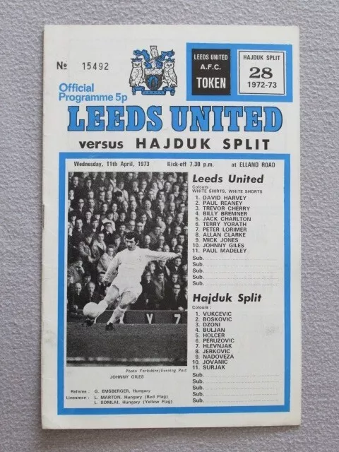 Football Programme Leeds v Hajduk Split ECWCSF/1 1972/73