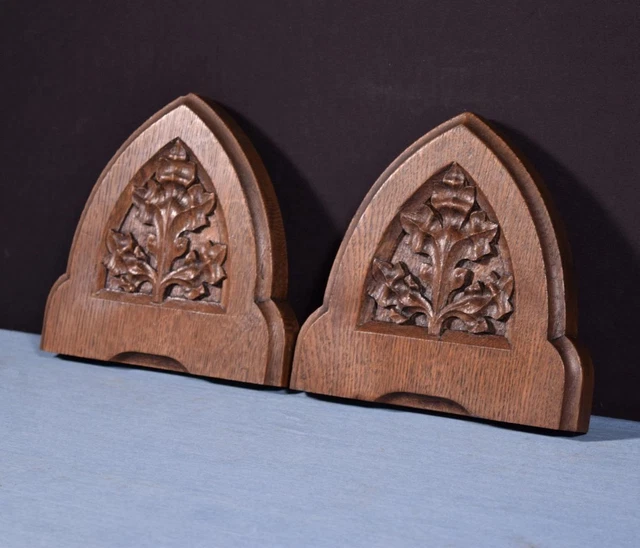 Pair of Gothic Carved Architectural Panels/Trim in Solid Oak Wood Salvage