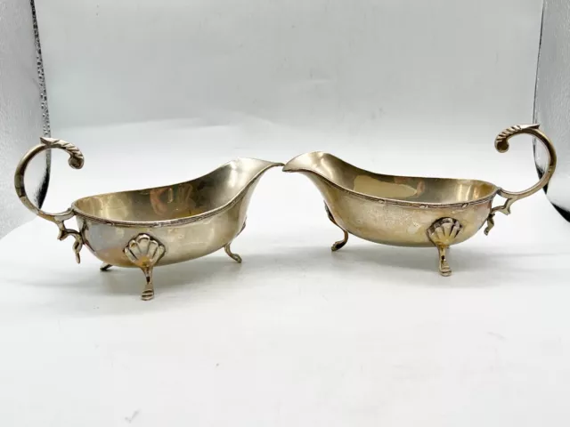 Antique Pair 2 Of Silver Plated Sauce Gravy Boat Table Plate Boats