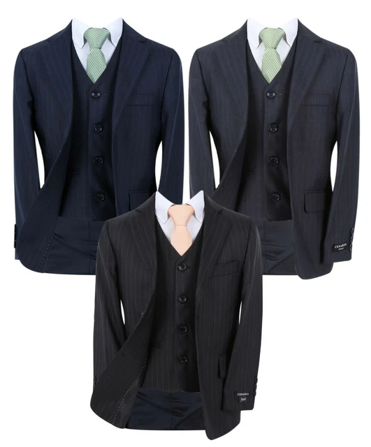 Boys Pinstripe Suit Tailored Fit Wedding Page Boy Prom 3 Piece Set