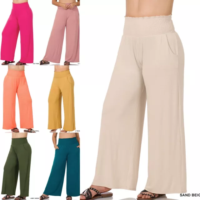 1X 2X 3X Women's Plus Size Wide Smocked Waistband Lounge Long Pants Soft Stretch