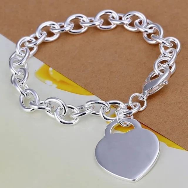 PURE 925 HEART Bracelet Rolo Link Chain Charm Bangle Heart Tag Bracelet ...