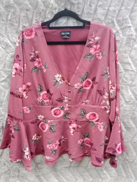 City Chic Size XS Dusty Pink Floral Blouse Ruffle Hems V Neck Crepe Top