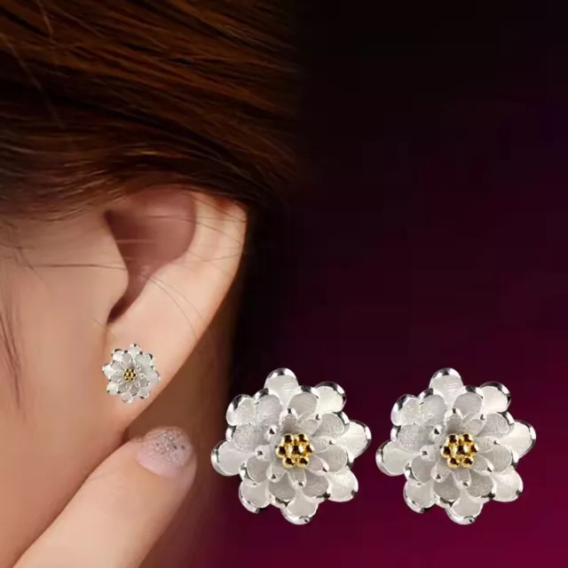 Shiny Solid 925 Sterling Silver Cute Small Lotus Flower Stud Earrings Gift UK