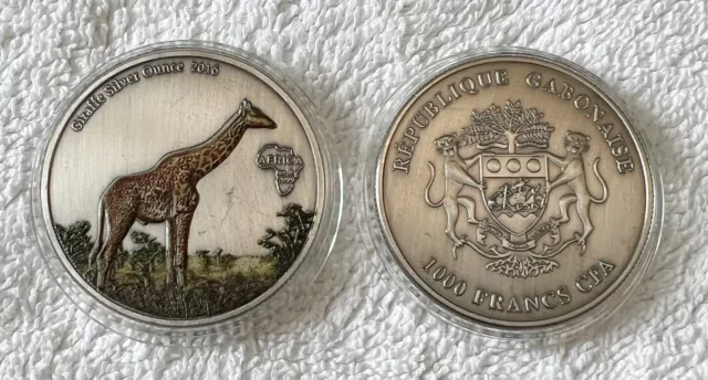 Rare Gabon Giraffe Colored .999 Silver Layered Coin - Add to Your Collection!