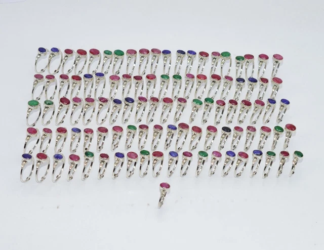 Wholesale 101PC 925 Sterling Cut Simulated Ruby Emerald Mix Ring Lot h040