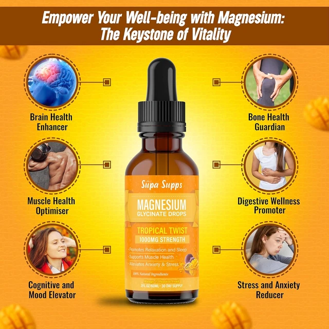 MAGNESIUM GLYCINATE LIQUID Drops 1000MG Mango & Passion Fruit 60Ml