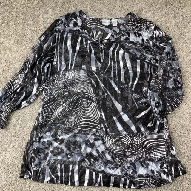 Chico's Semi Sheer Silk Blend Tunic Top Blouse Women's Size 2 Black White