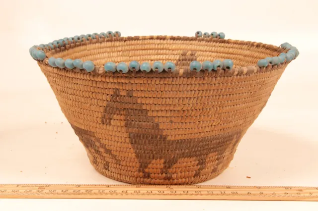 Antique Pima Basketry Bowl 9" x 5" Trade Beads + Horses c.1890s