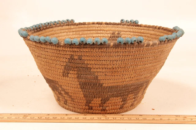 Antique Pima Basketry Bowl 9" x 5" Trade Beads + Horses c.1890s