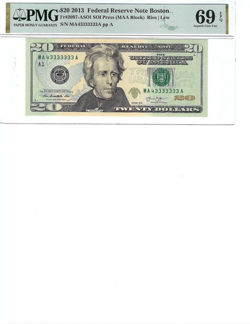 2013 $20 Federal Reserve Note FR2097 PMG 69 Superb Gem EPQ, 2 Consecutive Notes!