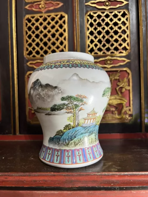Vintage Chinese Famille Rose Seascape And Mountain Porcelain Vase Pot