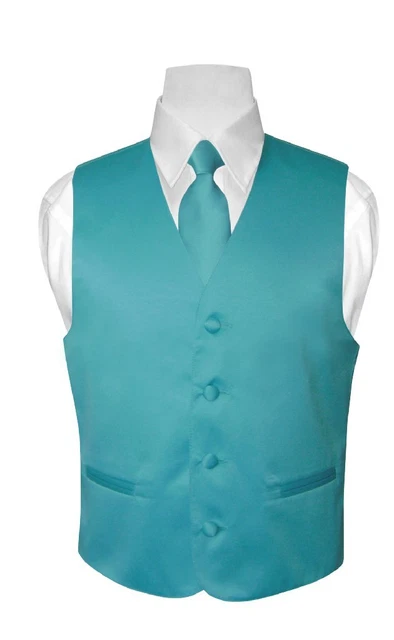 BOY'S Dress Vest & NeckTie Solid TURQUOISE AQUA BLUE Color Neck Tie Set size 14