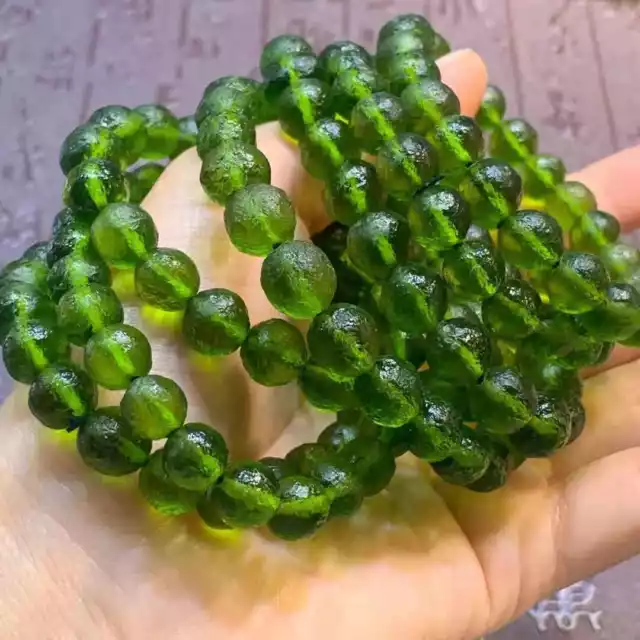 9mm Green GEM MOLDAVITE Meteorite Impact Glass Round Bead Bracelet