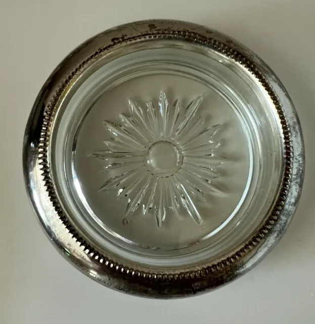 Vintage Round 4” Glass Crystal Cavalier Silver Rim Coaster Ashtray Smoking