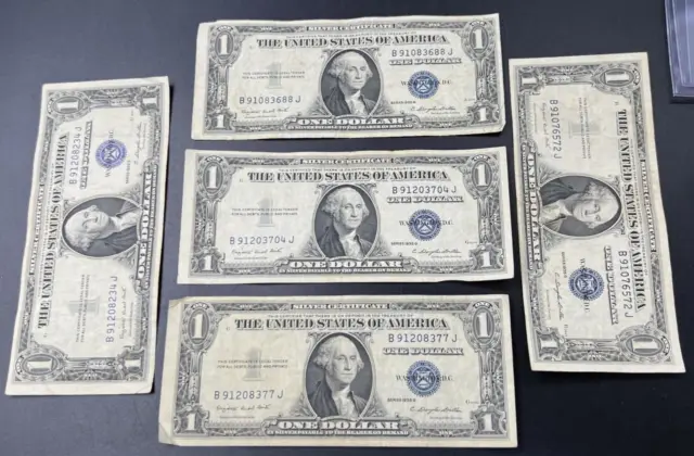 Lot of 5 1935 G $1 Silver Certificate Blue Seal Notes #77 Fine Circ Neat Serials