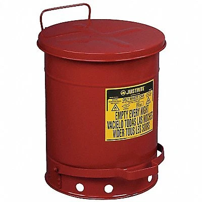 Oily Waste Can: 10 gal Can Capacity, Galvanized Steel, Red, Foot Operated Self