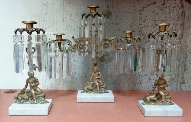 1850s GILT BRONZE 3pc DIETZ & CO New York GIRANDOLE Candelabra Set BOY and DOG