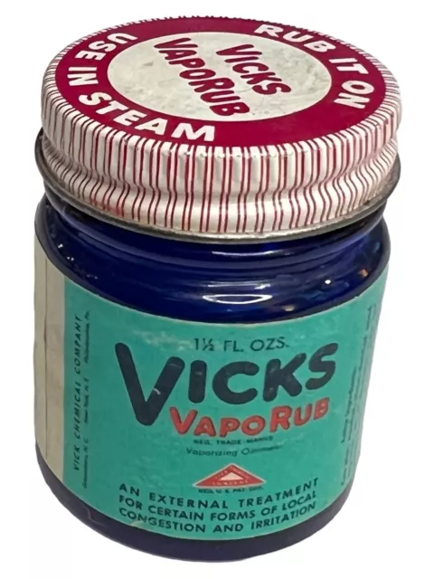 Vintage Vicks VapoRub Cobalt Blue Glass Medicine Jar Red Metal Lid 50’s EUC