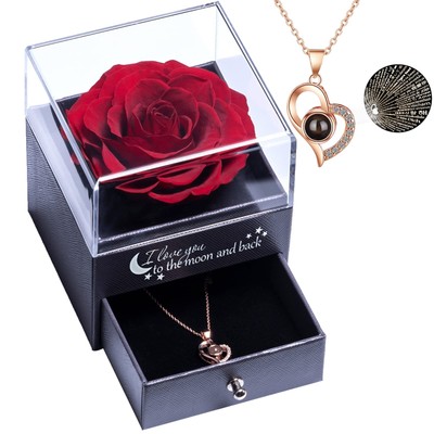 Rosa Stabilizzata Vera Regalo Donna Matrimonio San Valentino Colore Blu Scuro Scatole Gioielli con 3 Rose Vere Stabilizzate Idee Regali Natale Anniversario per Donna Compleanno 