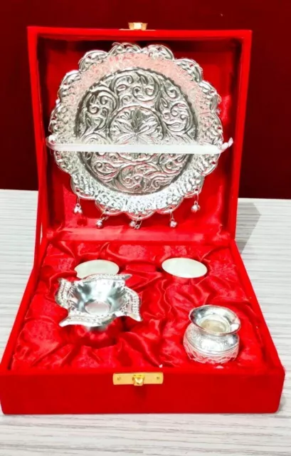 Juego de regalos Diwali Puja de Ghungru Pooja Thali de plata alemana con...