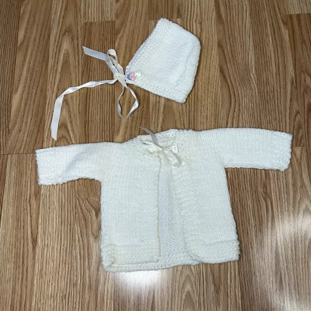 Vtg Handmade Knitted White Baby Sweater With Bonnet Newborn Doll Teddy Bear
