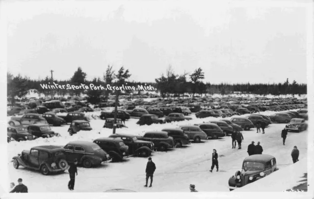 RPPC Grayling Michigan Old Cars Winter Sports Park Vintage Autos Photo Postcard