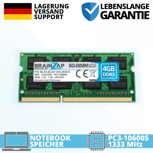 4GB DDR3 RAM SO-DIMM PC3-10600S 2Rx8 1333 MHz 1.5 V Notebook Laptop Speicher CL9