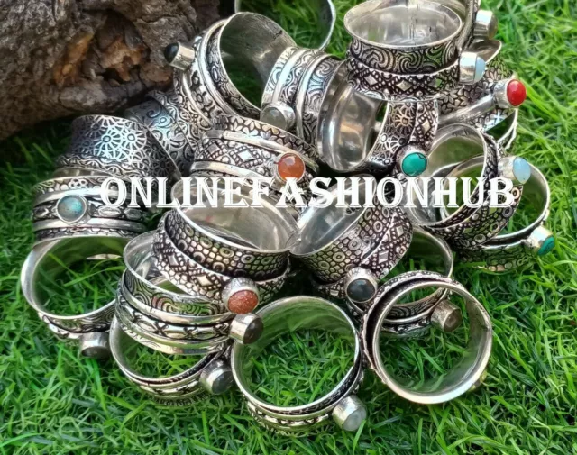 Wholesale Lot Mix Gemstone Spinning Spinner Meditation Rings 925 Silver Plated