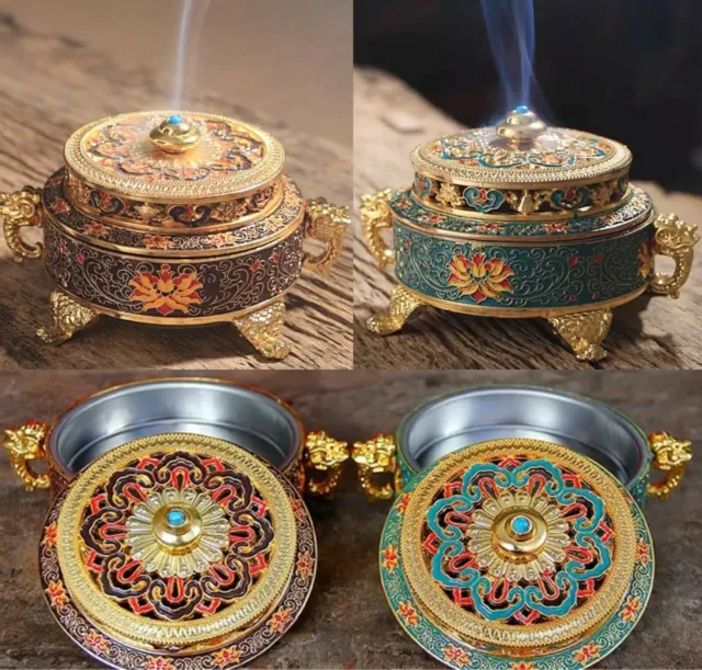 Incense Burner Tibetan Style Painted Metal Bakhoor Holder Mediation Air Purifier