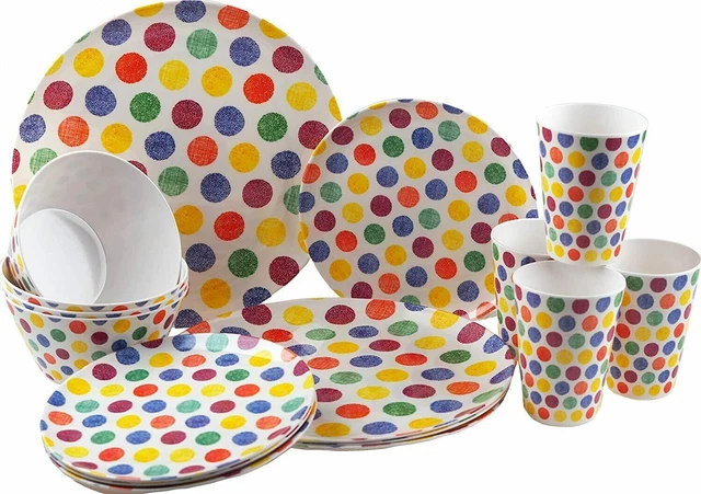 16Pc Melamine Dinner Set Plate Bowl Mug Picnic Camping Party Crockery Polka Dot