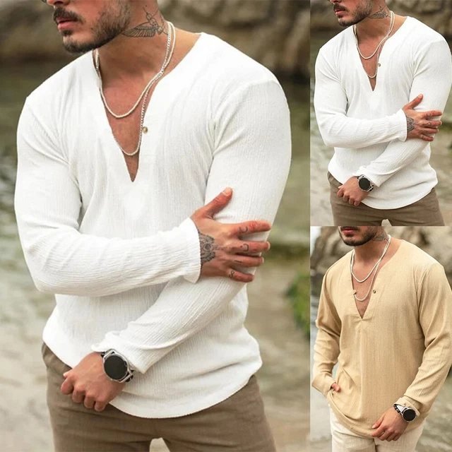 T-shirt da uomo vestibilità rilassata manica lunga collo a V casual top in lino