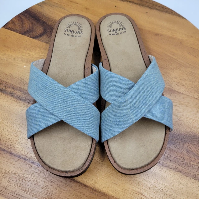 GH Bass Sunjuns Sandal Womens 8.5M Blue Brown Canvas Comfort Cross Strap Slip On